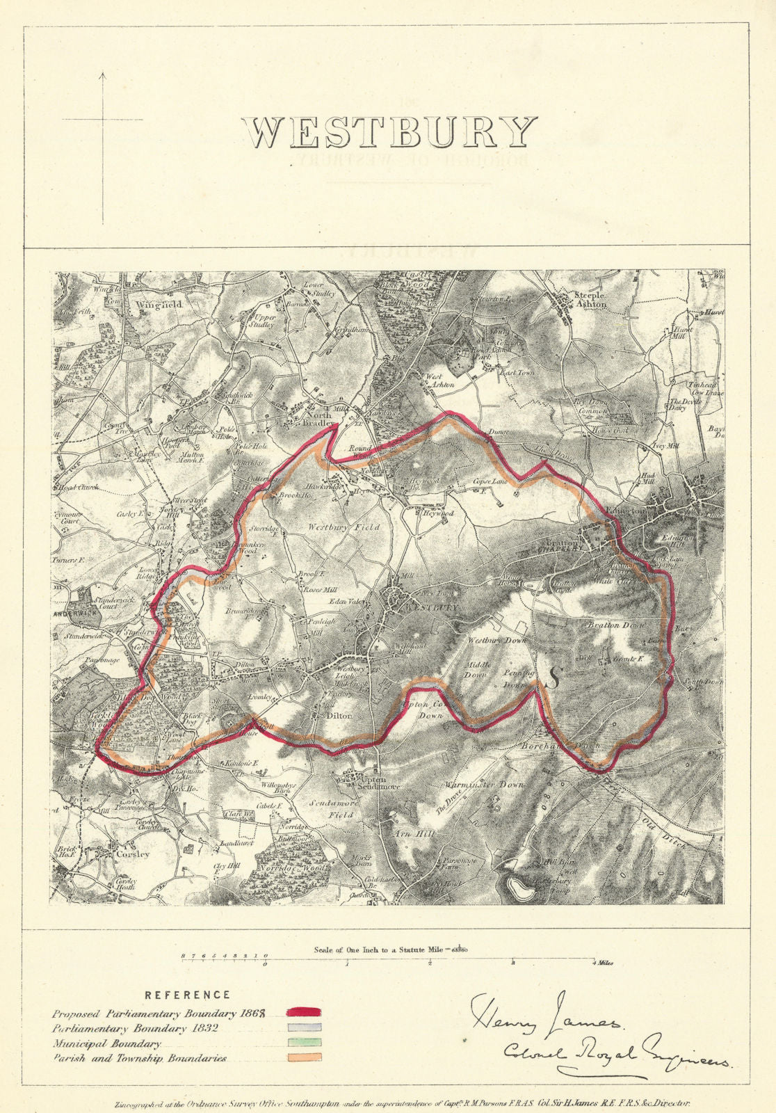 Westbury, Wiltshire. JAMES. Parliamentary Boundary Commission 1868 old map